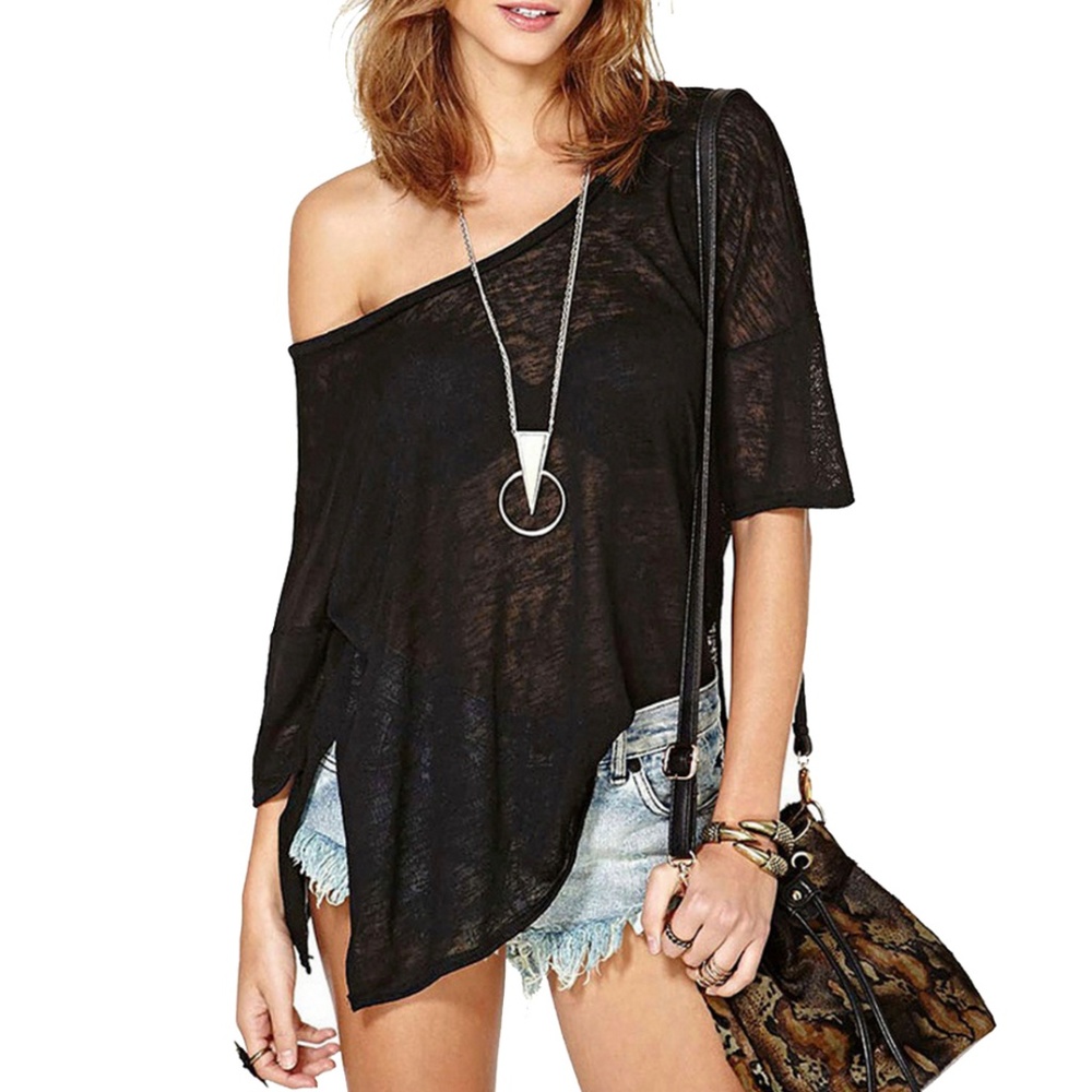 Deep V-back Sheer Loose T-shirt beach cover up